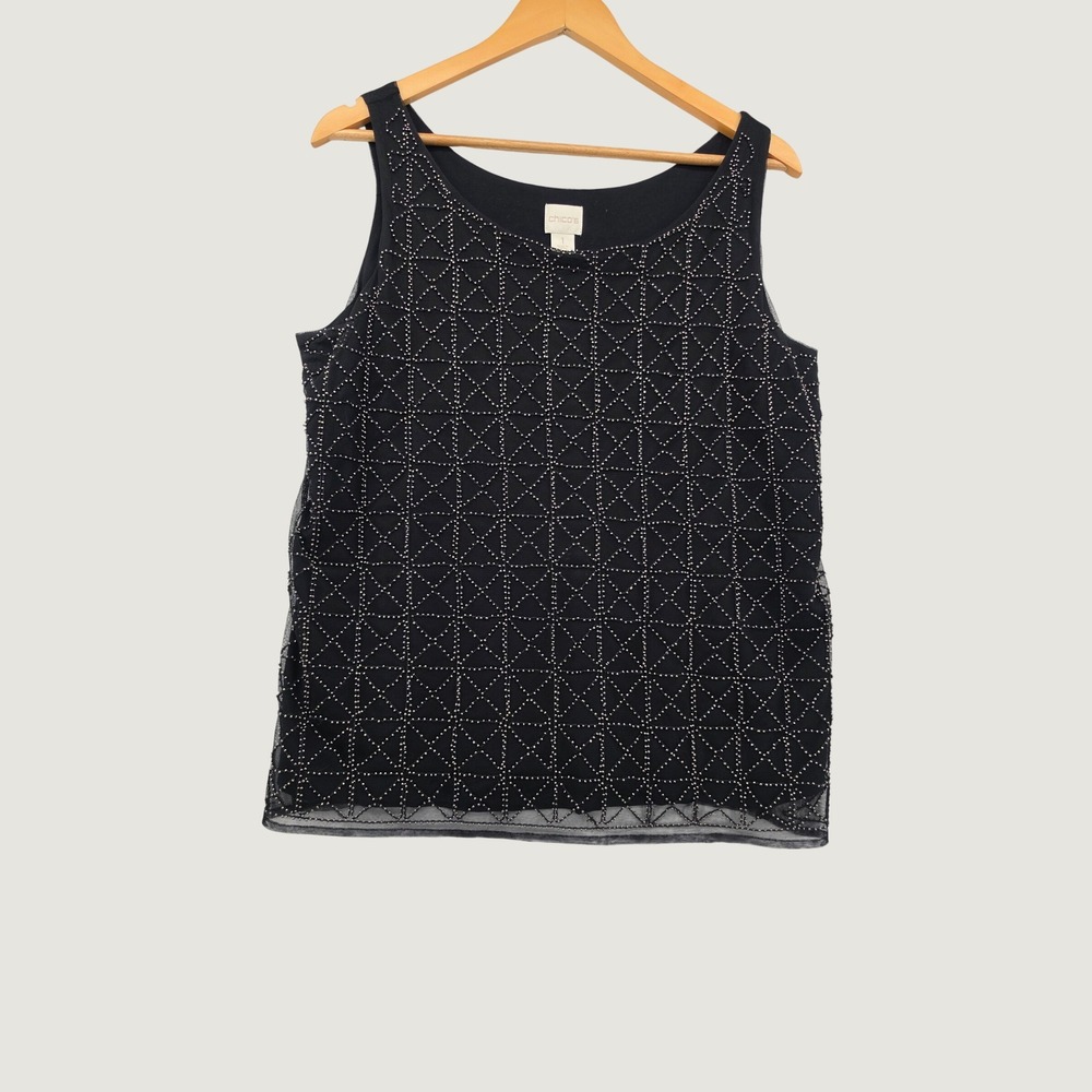 Chicos Black Beaded Mesh Overlay Tank Top Sleeveless Blouse Size 1 Medium Dressy